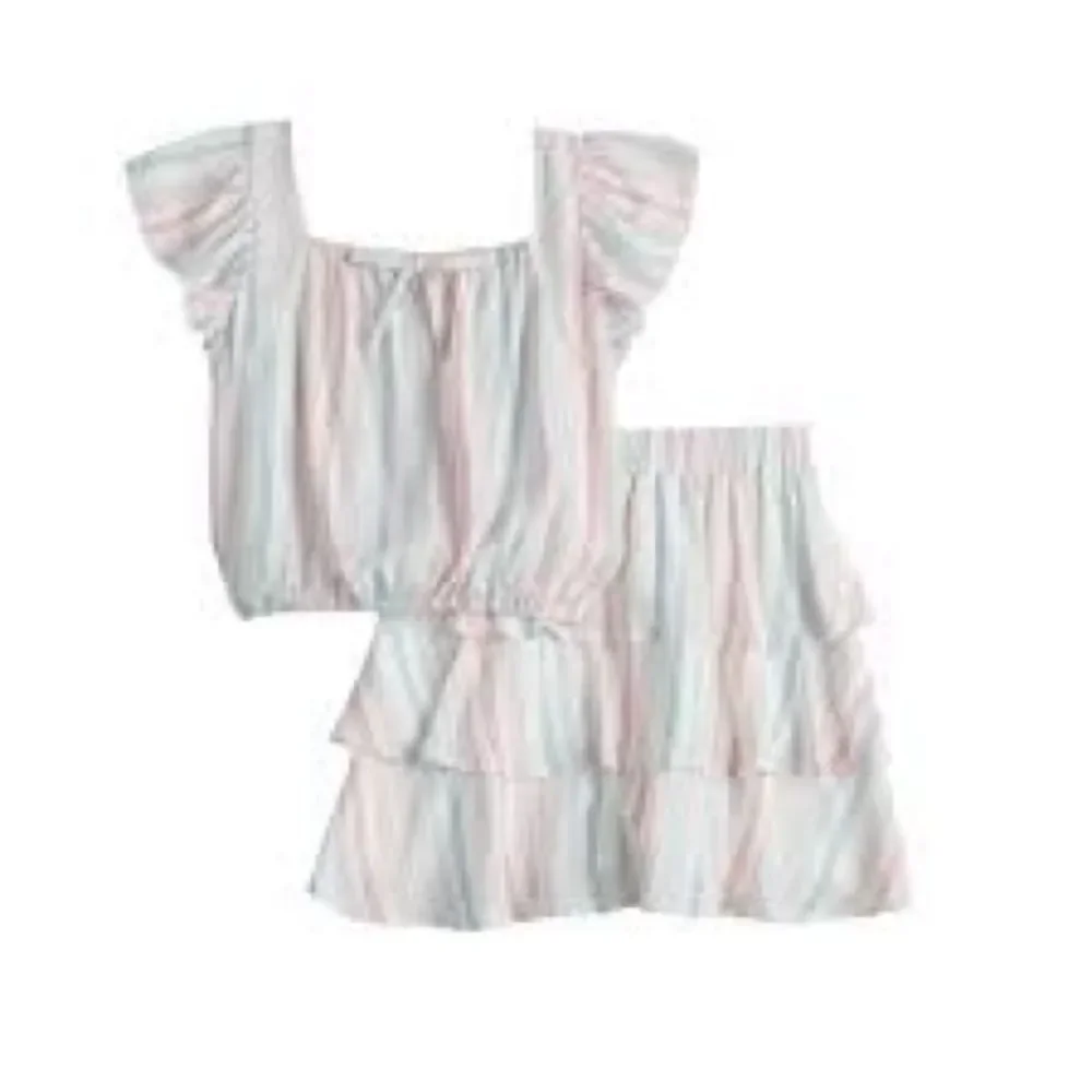 Three Pink Hearts white pink stripes ruffle skirt and top girls size‎ XL